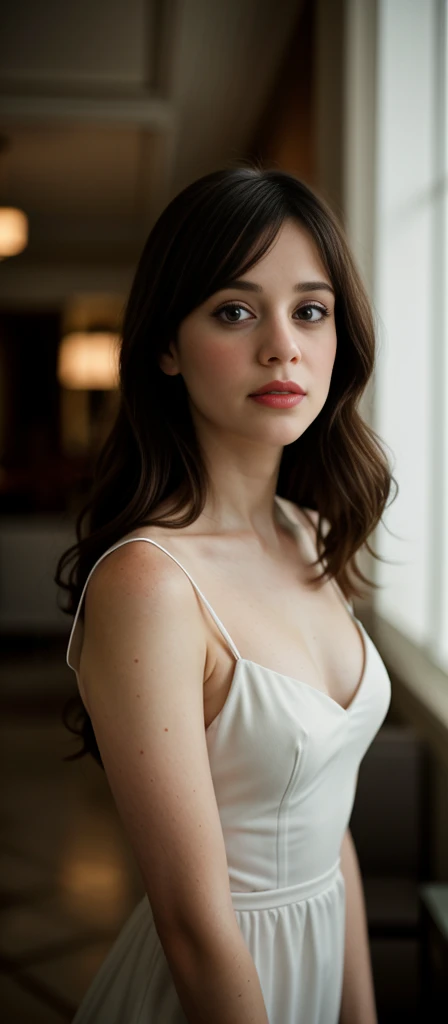 Zooey deschanel, 25 year old woman, hotel lobby, hair covering face, (pale white skin:1.2), (fitted black dress), high heels, long hair, meticulously detailed, flawless complexion, freckled skin, bright red lipstick, brunette hair, raw photograph, film grain, 