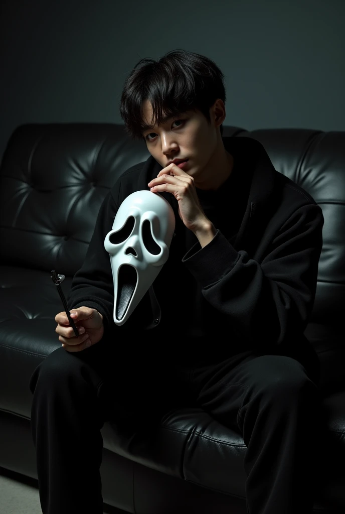 Korean male ager wearing black shirt with cold and indifferent expression ,ultra HD,ultra 4k,realistic, white background, waist-length photo,both pose the hand holding the skull on the right side