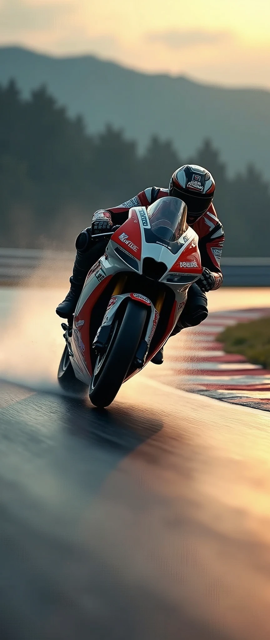 High-speed motorcycle racing in action: a sleek, wet-track scene captures the precision and skill of a competitor as they navigate the curves, their helmet and suit emblazoned with sponsor logos. Early morning or late evening sunlight casts dramatic shadows on the track, emphasizing the rider's focus and the bike's speed. The blurred background intensifies the moment, immersing the viewer in the thrill of the race.