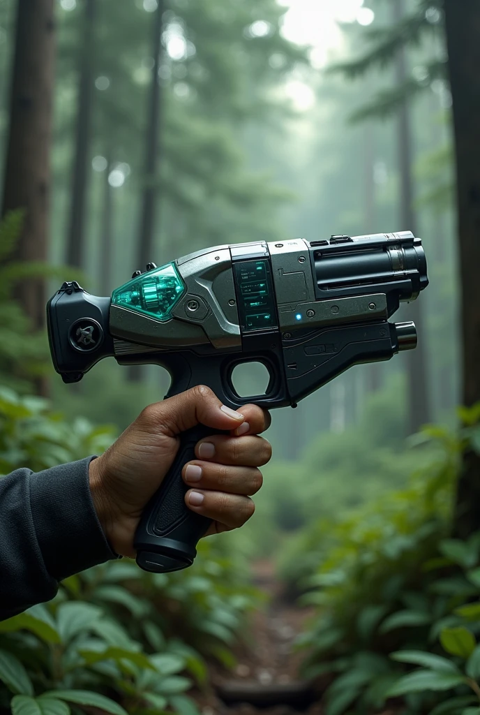 Futuristic tool grasped in a hand, forest background 
