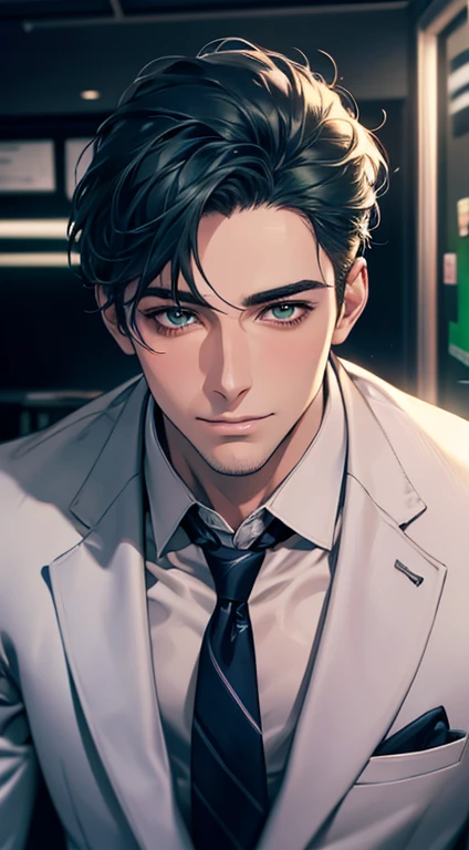 (Highest quality,4K,8K,High resolution,masterpiece:1.2),Super detailed,(Realistic,photoRealistic,photo-Realistic:1.37),1 person,34 years old,Mature Men,Beautiful skin、very handsome,Expressionless smile in love,Short blue hair,green eyes,Sharp Eyes,A perfect face without a doubt,Businessman, CEO, Office Background,Cinema Lighting,HDR image,tie、