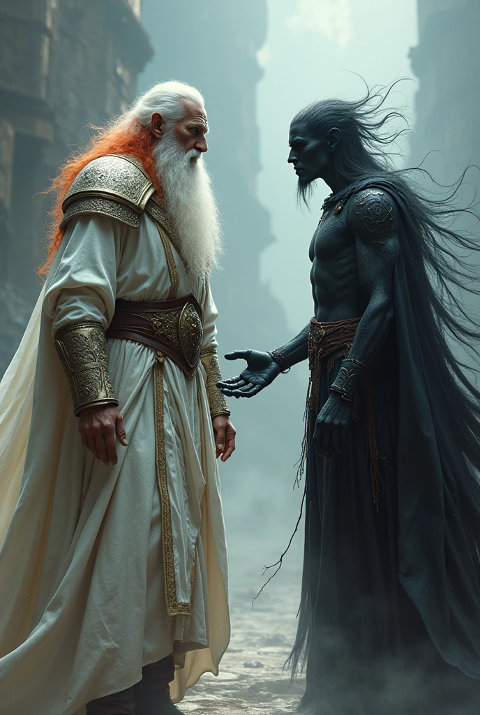 Make a tall old man with white and red hair ,In white medieval clothing, fighting a tall, thin man and has black energy powers 