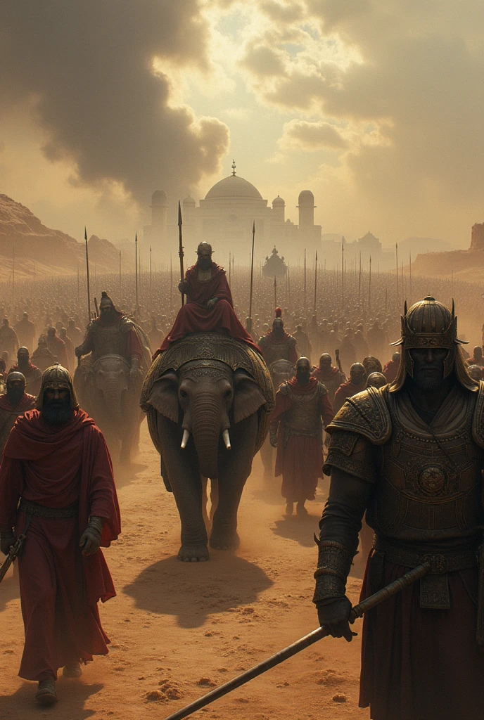 Create a powerful and intense scene showing Abraha's vast army marching toward Mecca. The image should feature a large number of warriors in ancient Arabian armor, holding spears, shields, and swords, with grim determination on their faces. The focal point should be the massive war elephants, adorned with battle gear, their trunks raised and eyes fierce, leading the charge. The landscape should be a rugged desert with dusty trails kicked up by the marching soldiers. In the background, the distant silhouette of Mecca should be visible under a stormy sky, symbolizing the impending threat. The overall mood should be dark and foreboding, capturing the scale and menace of Abraha's assault.