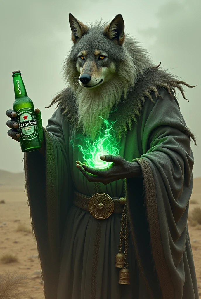 (photorealism:1.2), old wolf, magician ,magic,poison Heineken ,dry, mystic 