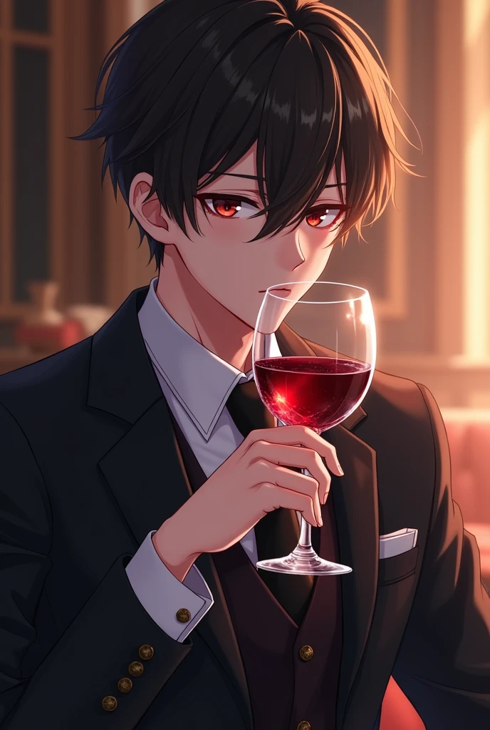 Pose an anime-style young man holding a glass of red wine.