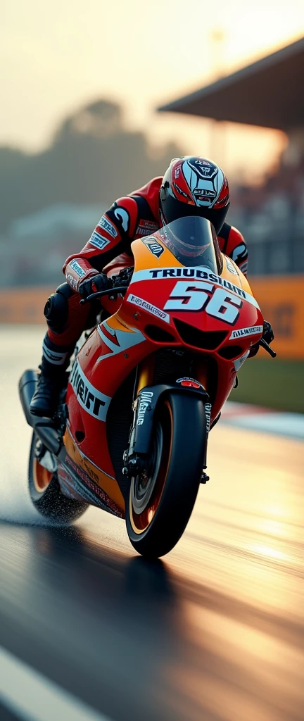 High-speed motorcycle racing in action: a sleek, wet-track scene captures the precision and skill of a competitor as they navigate the curves, their helmet and suit emblazoned with sponsor logos. Early morning or late evening sunlight casts dramatic shadows on the track, emphasizing the rider's focus and the bike's speed. The blurred background intensifies the moment, immersing the viewer in the thrill of the race.