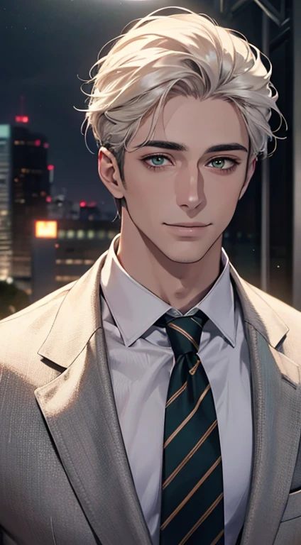 (Highest quality,4K,8K,High resolution,masterpiece:1.2),Super detailed,(Realistic,photoRealistic,photo-Realistic:1.37),1 person,34 years old,Mature Men,Beautiful skin、very handsome,Expressionless smile in love,Short white hair,green eyes,Sharp Eyes,A perfect face without a doubt,Businessman, CEO, Office Background,Cinema Lighting,HDR image,tie、