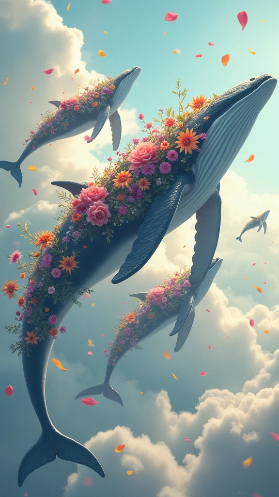 Whales flying in the sky Colorful flowers bloom on the back of a whale Petals scatter in the air, Create a fantastic view