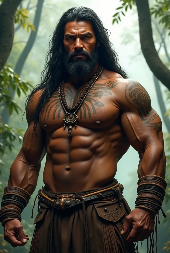 Draw a muscular indigenous man with long hair