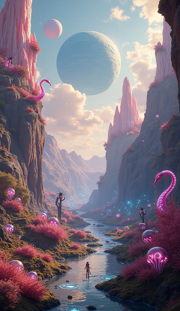 Create an imaginative and detailed image depicting extraterrestrial life on a distant planet. The scene should feature a diverse ecosystem with alien flora and fauna, showcasing both familiar and completely otherworldly forms. The landscape could include strange geological formations, bioluminescent plants, and creatures with unusual anatomy and colors. The sky should have a different hue than Earth's, perhaps with multiple moons or rings. The atmosphere should evoke a sense of wonder and curiosity, with a mix of vibrant and mysterious elements, highlighting the diversity and complexity of life beyond Earth.