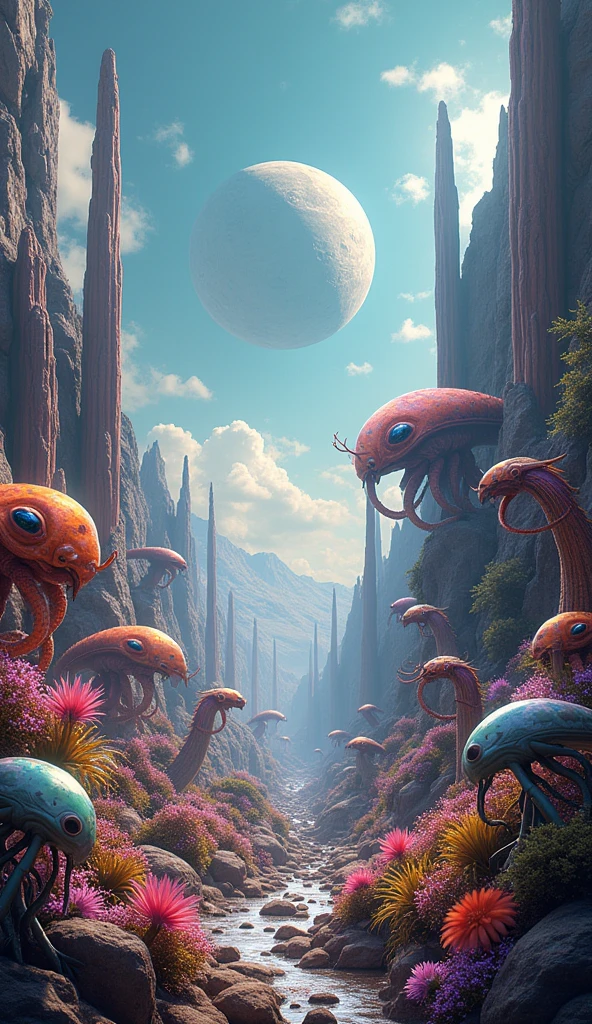 Create an imaginative and detailed image depicting extraterrestrial life on a distant planet. The scene should feature a diverse ecosystem with alien flora and fauna, showcasing both familiar and completely otherworldly forms. The landscape could include strange geological formations, bioluminescent plants, and creatures with unusual anatomy and colors. The sky should have a different hue than Earth's, perhaps with multiple moons or rings. The atmosphere should evoke a sense of wonder and curiosity, with a mix of vibrant and mysterious elements, highlighting the diversity and complexity of life beyond Earth.
