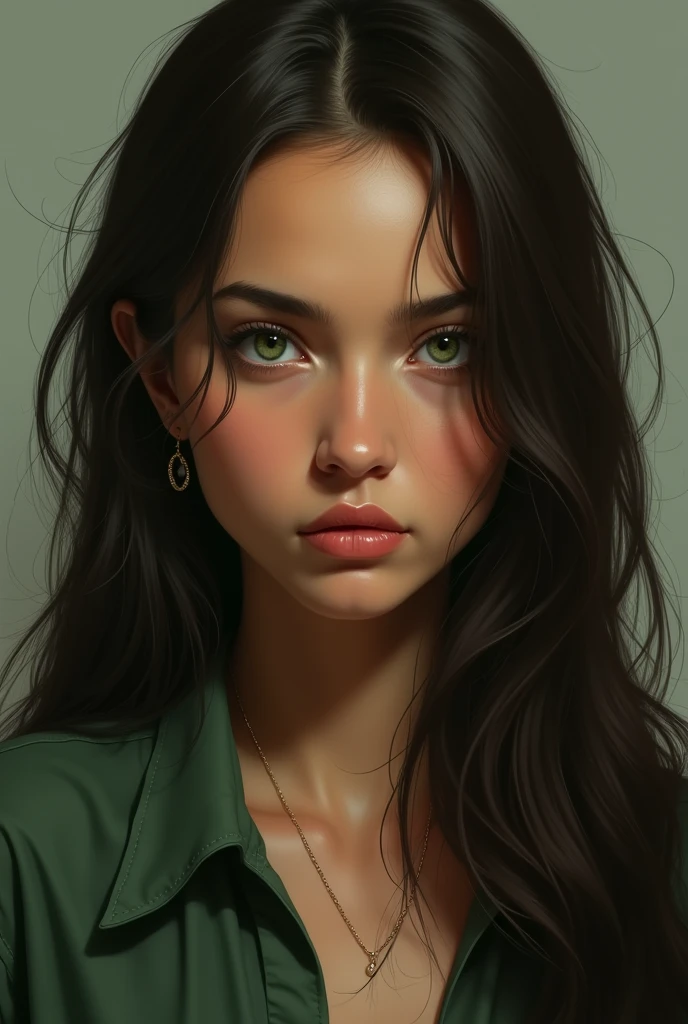 25 year old girl, His hair is long and dark brown., Her eyes are green, Her skin is brown, square face, His expression is serious and cold, His clothes are in shades of green and brown.