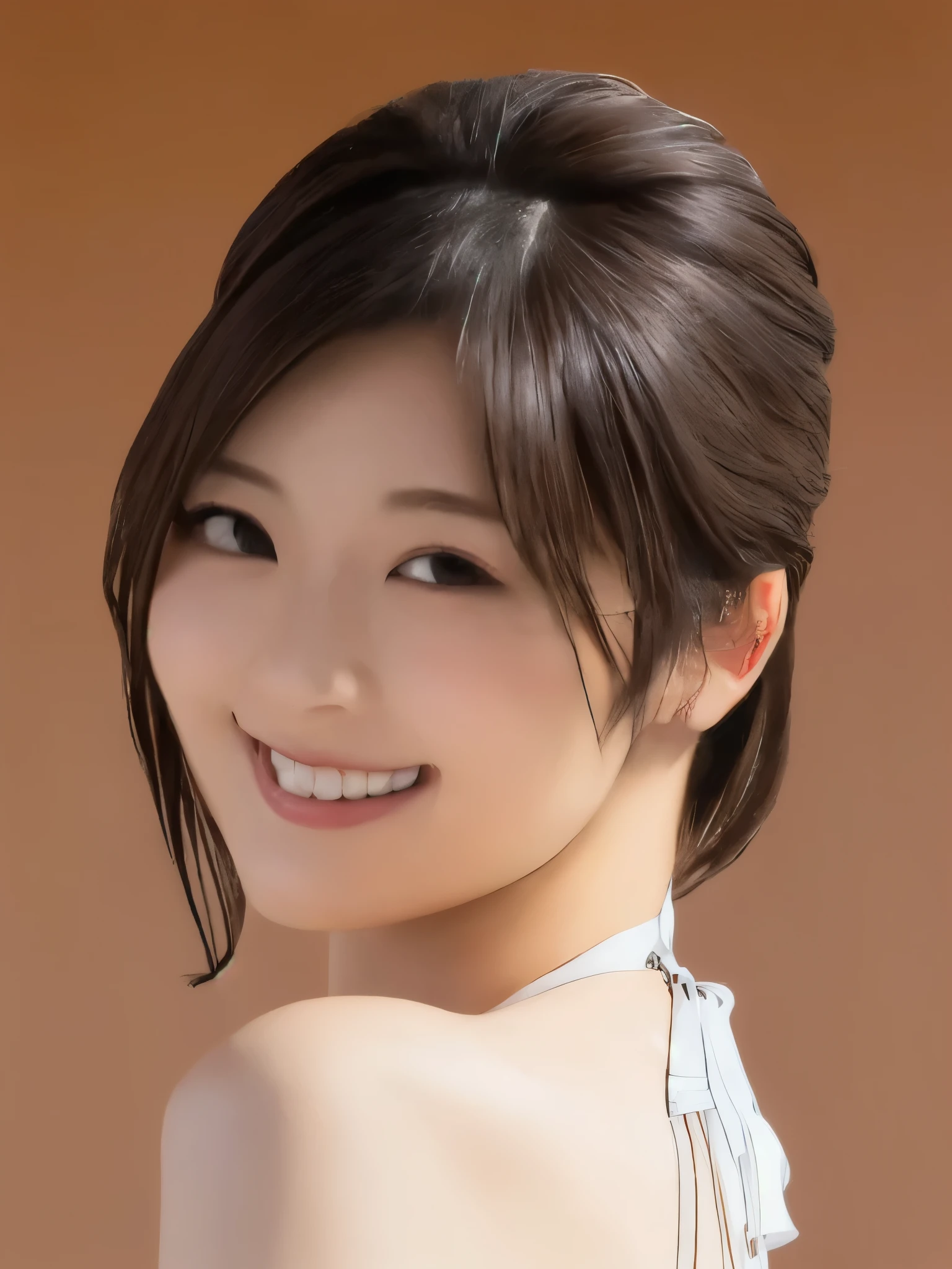 High Contrast, Japanese female models,looking atviewer,Poolside,Beautiful woman,(Open your mouth a little,smile),Replicant,(White Bikini),Slender figure, Medium Hair,Delicate and beautiful CG art),(highest quality, Very detailed, High resolution),(Dynamic Lighting),(One character),(Brown Hair), Brown eyes, (Beautiful Face), ((huge size))