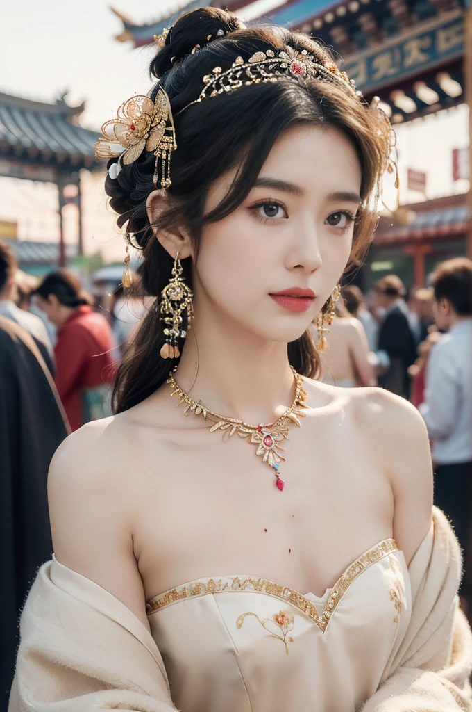 (((best quality))),(((ultra detailed))),(((masterpiece))),illustration, ((1 beautiful young girl,solo)),(bun hair:1.2)((slim,thin)),((small breasts,flat chest)),attractive, traditional Chinese attire,(Gorgeous and intricate headdress:1.3),((earrings,intricate necklace)),(strapless Exquisite embroidered sparkled bra:1.3),vibrant patterns, radiant complexion, joyful expression,(temple fair:1.3), bustling atmosphere, summer afternoon, sunny weather, cultural festival, street food, roasted skewers, steaming dumplings, sweet cotton candy, stalls, crafts, clothing, appreciative onlookers, sunset, ancient tradition, modern beauty, captivating scene, enchanting,(day scene:1.2),(surrounded by crowded crowds:1.3),((from front,close-up of face))