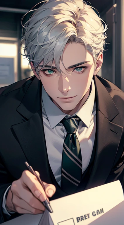 (Highest quality,4K,8K,High resolution,masterpiece:1.2),Super detailed,(Realistic,photoRealistic,photo-Realistic:1.37),1 person,34 years old,Mature Men,Beautiful skin、very handsome,Expressionless smile in love,Short white hair,green eyes,Sharp Eyes,A perfect face without a doubt,Businessman, CEO, Office Background,Cinema Lighting,HDR image,tie、