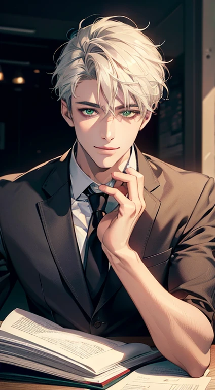(Highest quality,4K,8K,High resolution,masterpiece:1.2),Super detailed,(Realistic,photoRealistic,photo-Realistic:1.37),1 person,34 years old,Mature Men,Beautiful skin、very handsome,Expressionless smile in love,Short white hair,green eyes,Sharp Eyes,A perfect face without a doubt,Businessman, CEO, Office Background,Cinema Lighting,HDR image,tie、