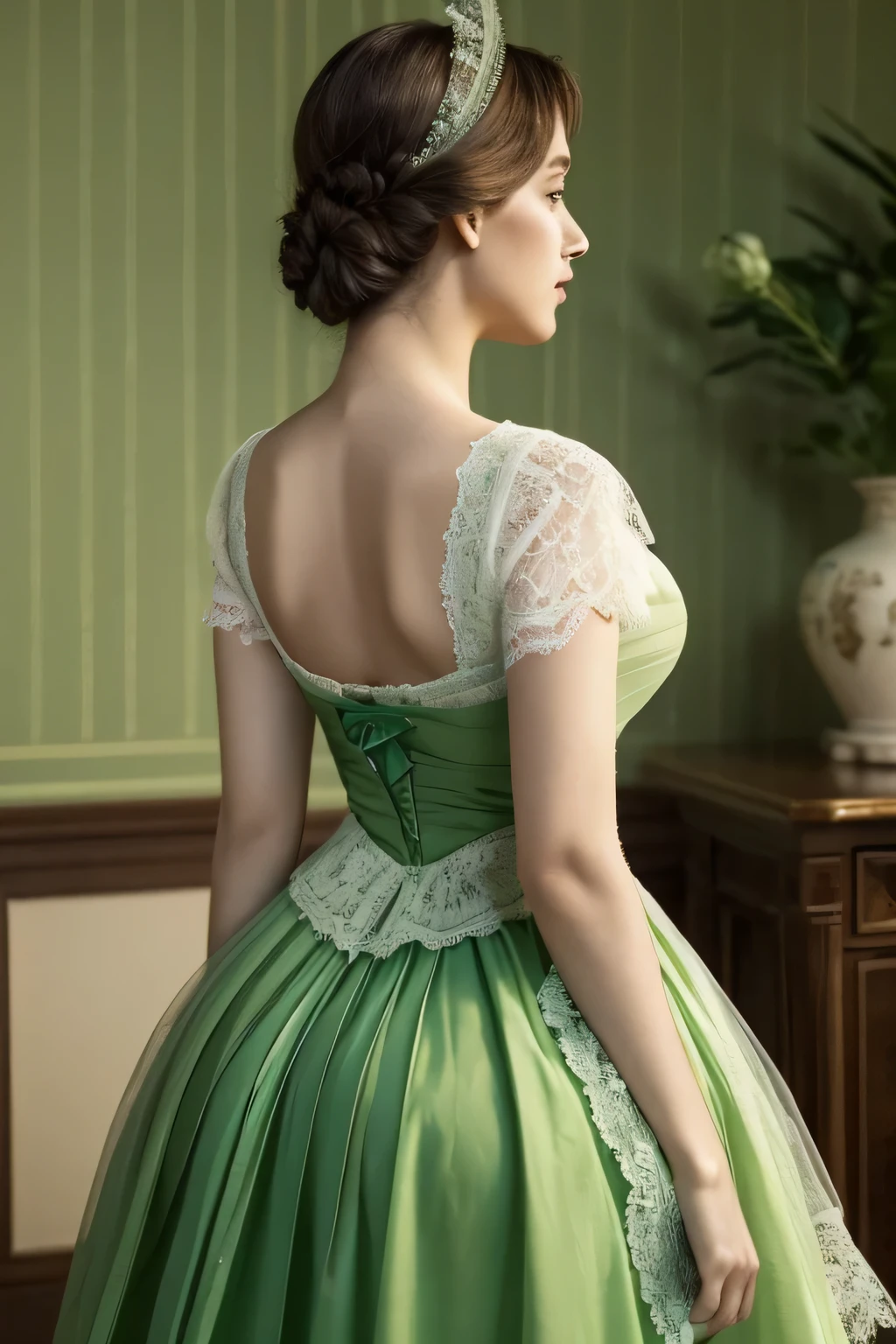 ((High-quality work)), the lines are clear and concise, the green dress and the beautiful pleated lace complement each other, which enriches the layering of the whole picture, the graceful Edwardian lace dress and the princess skirt add a lot to the character, the gesture with the back of the hand behind , It also shows the gentle and elegant side of women.