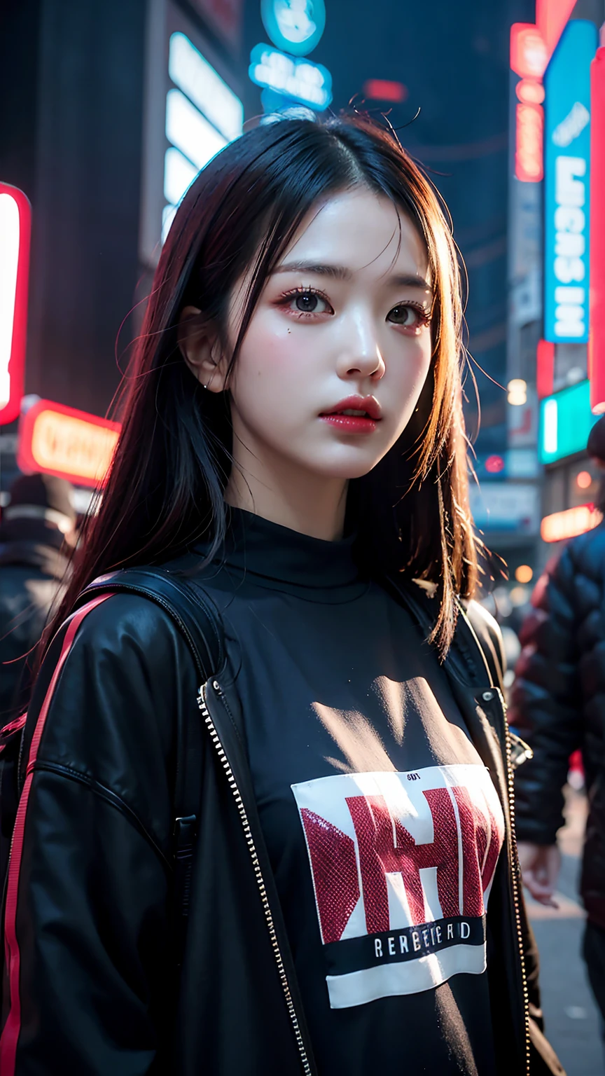 Wearing cyberpunk hybrid streetwear, beautiful, girl, Detailed portrait, 4 thousand, bright colors, concept art, Cinematic dramatic atmosphere, sharp focus, volumetric lighting, movie lights, Studio Quality