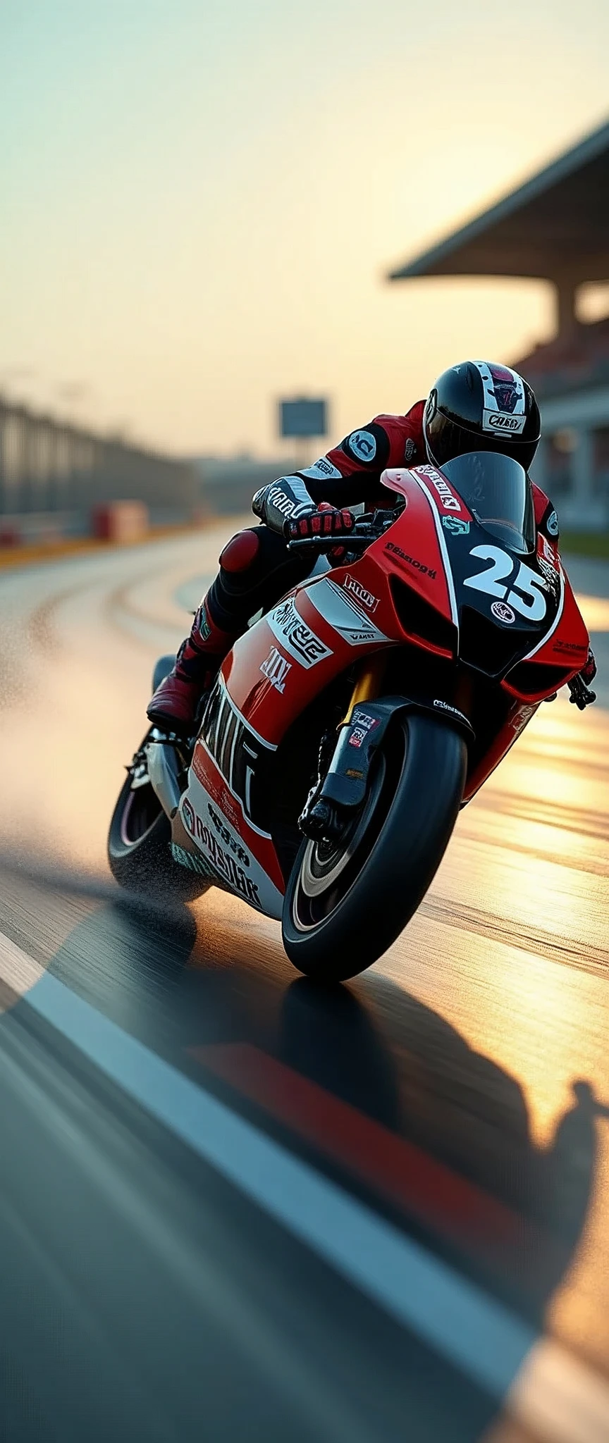 High-speed motorcycle racing in action: a sleek, wet-track scene captures the precision and skill of a competitor as they navigate the curves, their helmet and suit emblazoned with sponsor logos. Early morning or late evening sunlight casts dramatic shadows on the track, emphasizing the rider's focus and the bike's speed. The blurred background intensifies the moment, immersing the viewer in the thrill of the race.