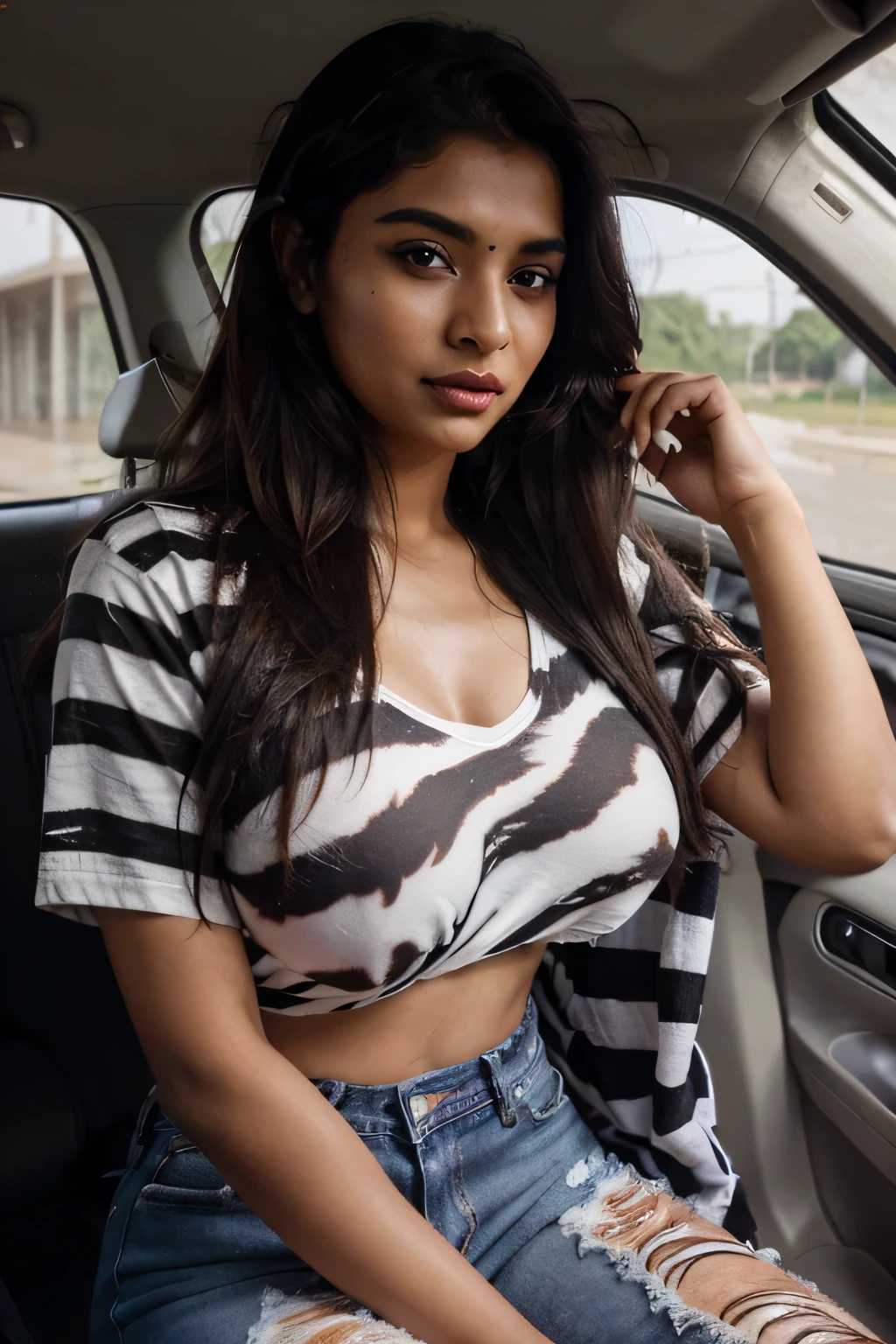 beautiful cute young attractive indian teenage girl, 18 years old, cute, Instagram model, long black_hair, colorful hair, warm, photo shoot with cars and wear the dress jeans top, indian