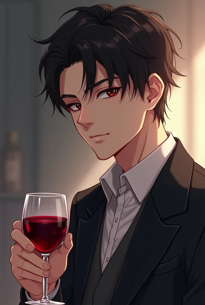 Create a stunning pink cartoon male character with red devil horns, a glass of wine in his hand and looking like a hot anime guy in a suit