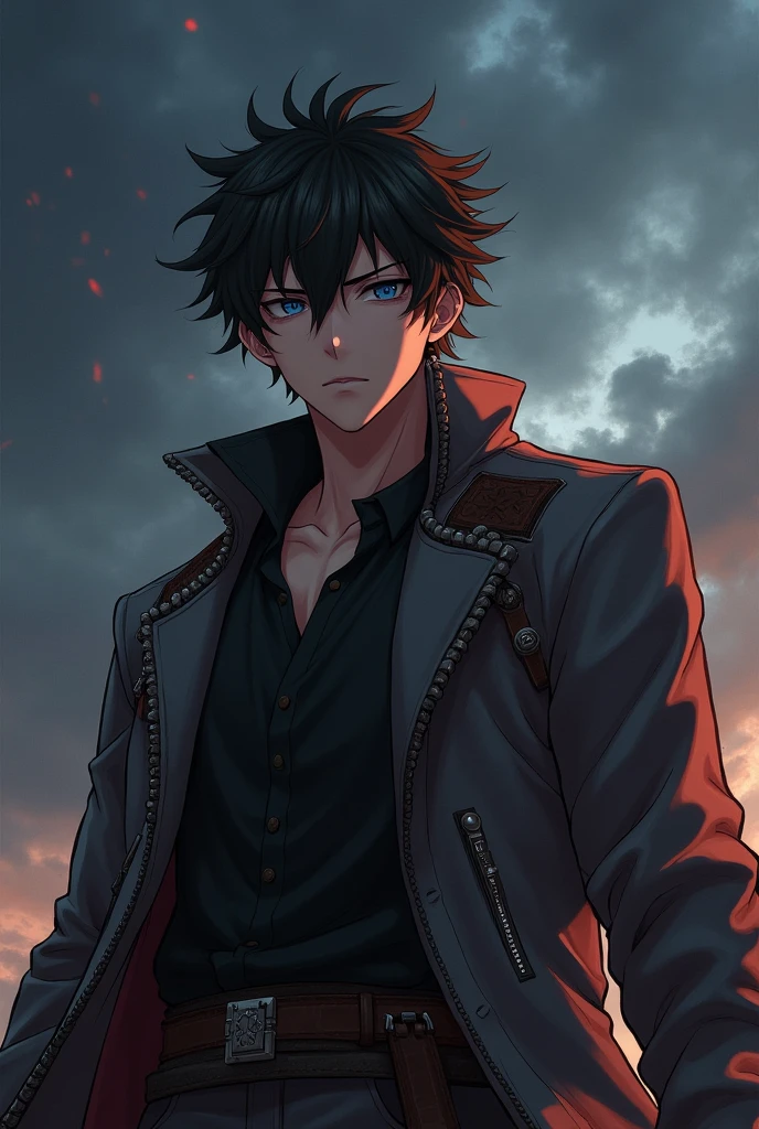 tall dark boy, muscular body and serious anime style