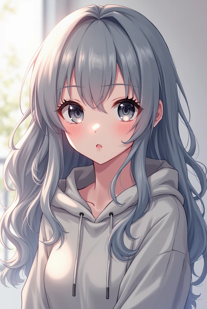 An anime girl with ash-gray hair and black eyes wearing a hoodie.