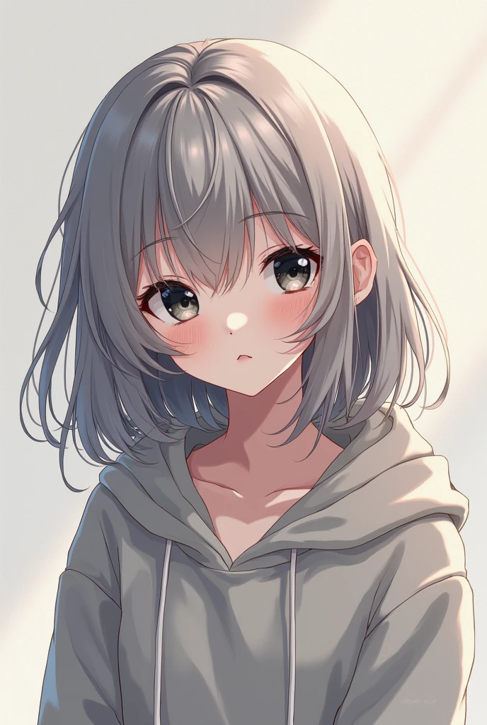 An anime girl with ash-gray hair and black eyes wearing a hoodie.