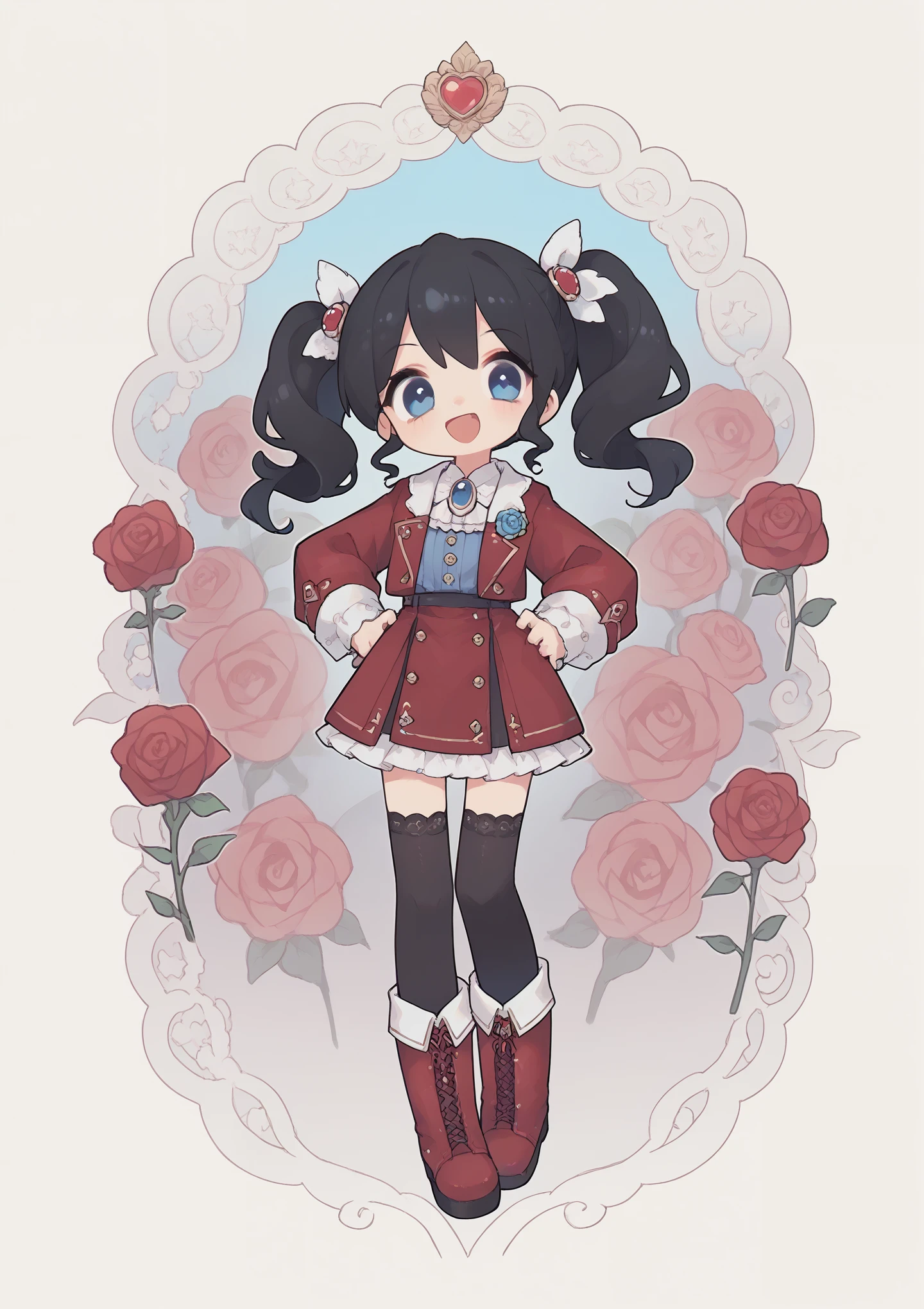 Miss、Black twin ponytails，Blue Eyes，Dark red short coat，Sapphire Brooch，（Black hair），Open mouth smile，boots，Black stockings，Rose decoration background，Hands on hips