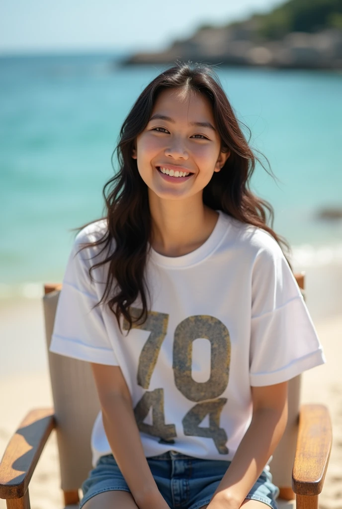 a smiling Indonesian woman sitting back on a chair by the beach, image, inspired by Kim Jeong-hui, tumblr, denim shorts, h 7 0 4, wearing a t-shirt, high angle view, catalog photo, cutecore, bright lighting