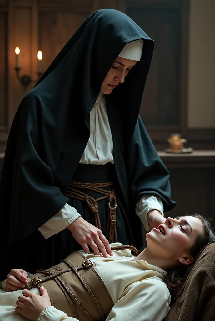 A medieval nun, tasked with caring for a troubled noblewoman, creates a makeshift restraint using heavy cloth and leather straps to subdue her violent outbursts.