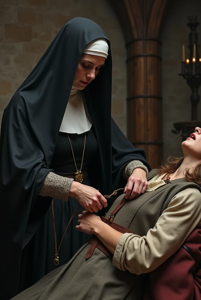  A medieval nun, tasked with caring for a troubled noblewoman, creates a makeshift restraint using heavy cloth and leather straps to subdue her violent outbursts.