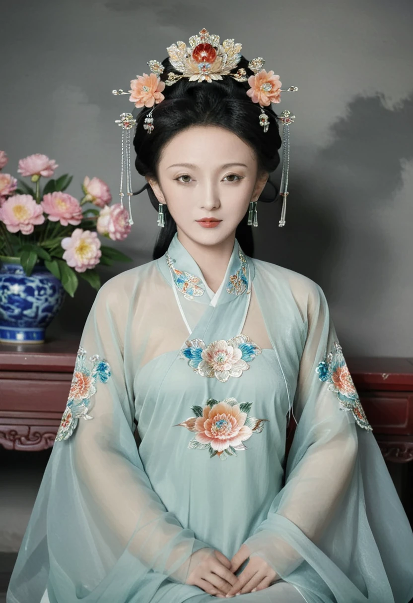 A front view of the Qing Dynasty Empress with her legs spread apart, showing her large chest. A naked Qing Dynasty Empress with a crown on, showing her stomach, thighs and feet from below.。She is completely naked, showing off her gorgeous large flowers and hairpins, her hair tied up and pulled up, and the background is the stone paving of the Chinese palace of the Qing Dynasty.