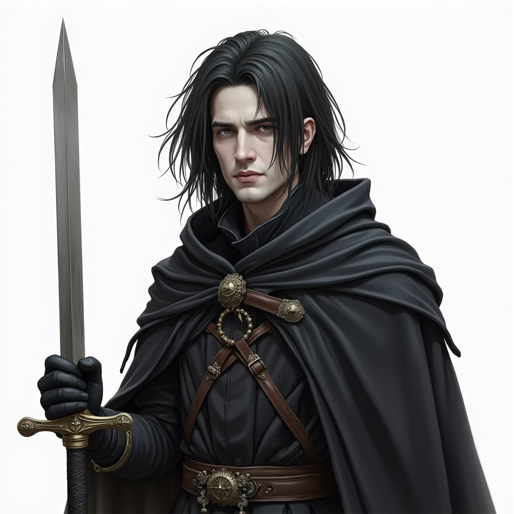 Draw a VERY REALISTIC fantasy style drawing of a man with , white-pale skin, straight black messy hair, grey eyes wearing black war clothes and a cloak holding a VERY REALISTIC sword