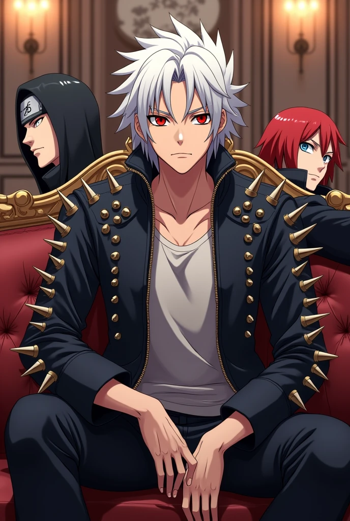 In anime style Create 18 years old handsome boy with white hair and red eyes wearing leather spike jacket with madara uchiha and gojo saturo sit casually on large couch