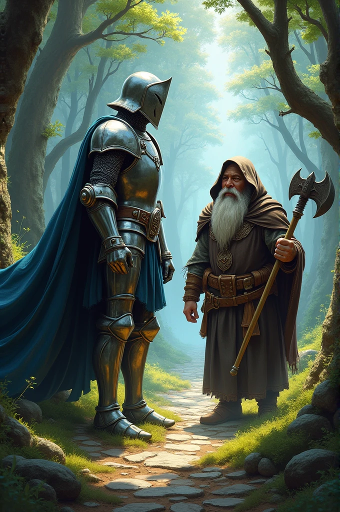 A knight in armor, a witch and a dwarf