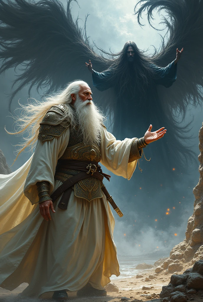 Make a tall old man with white and red hair ,In white medieval clothing, fighting against a tall man who has black energy powers , He has medium-length brown hair