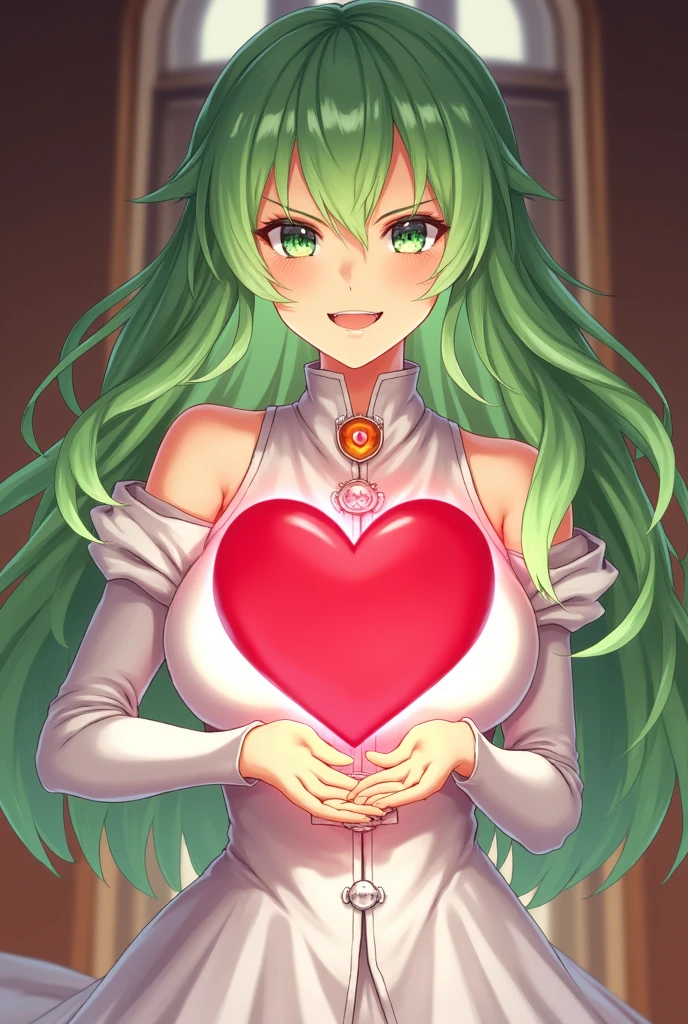 An anime-style artwork depicting rhea from the game Fire Emblem: Three Houses.
Tags: rhea, anime, detailed eyes, detailed lips, green hair, white dress, smiling expression, intense gaze, glowing emblem on hand, dynamic pose, indoor, palace, vibrant colors, digital art, high-resolution, professional quality, (gigantic breasts: 1.4), cleavage, huge . Porn of a woman anime with her heart coming out of her chest like a cartoon NSFW, huge heart