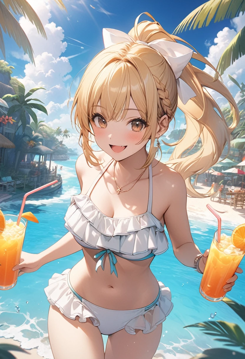 Masterpiece, 8K CG rendering, extremely detailed, detailed background, (paradise atmosphere: 1.3), (tropical cityscapes: 1.2)
BREAK
1 girl, , cute, kawaii, blond hair, (ponytail: 1.2), french braid, beautiful brown eyes, (high quality frill bikini: 1.2), (white bikini: 1.2), cute frill bikini, laugh, tropical juice I'm drinking