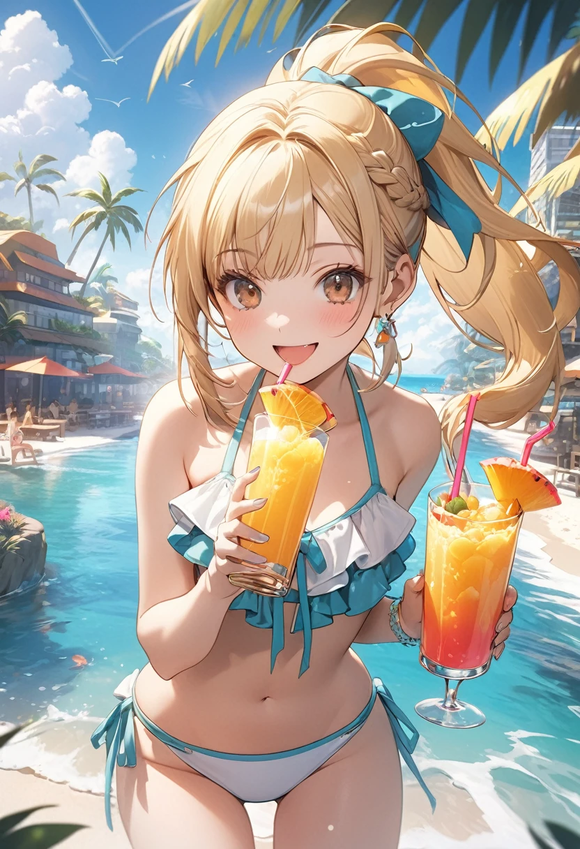 Masterpiece, 8K CG rendering, extremely detailed, detailed background, (paradise atmosphere: 1.3), (tropical cityscapes: 1.2)
BREAK
1 girl, , cute, kawaii, blond hair, (ponytail: 1.2), french braid, beautiful brown eyes, (high quality frill bikini: 1.2), (white bikini: 1.2), cute frill bikini, laugh, tropical juice I'm drinking