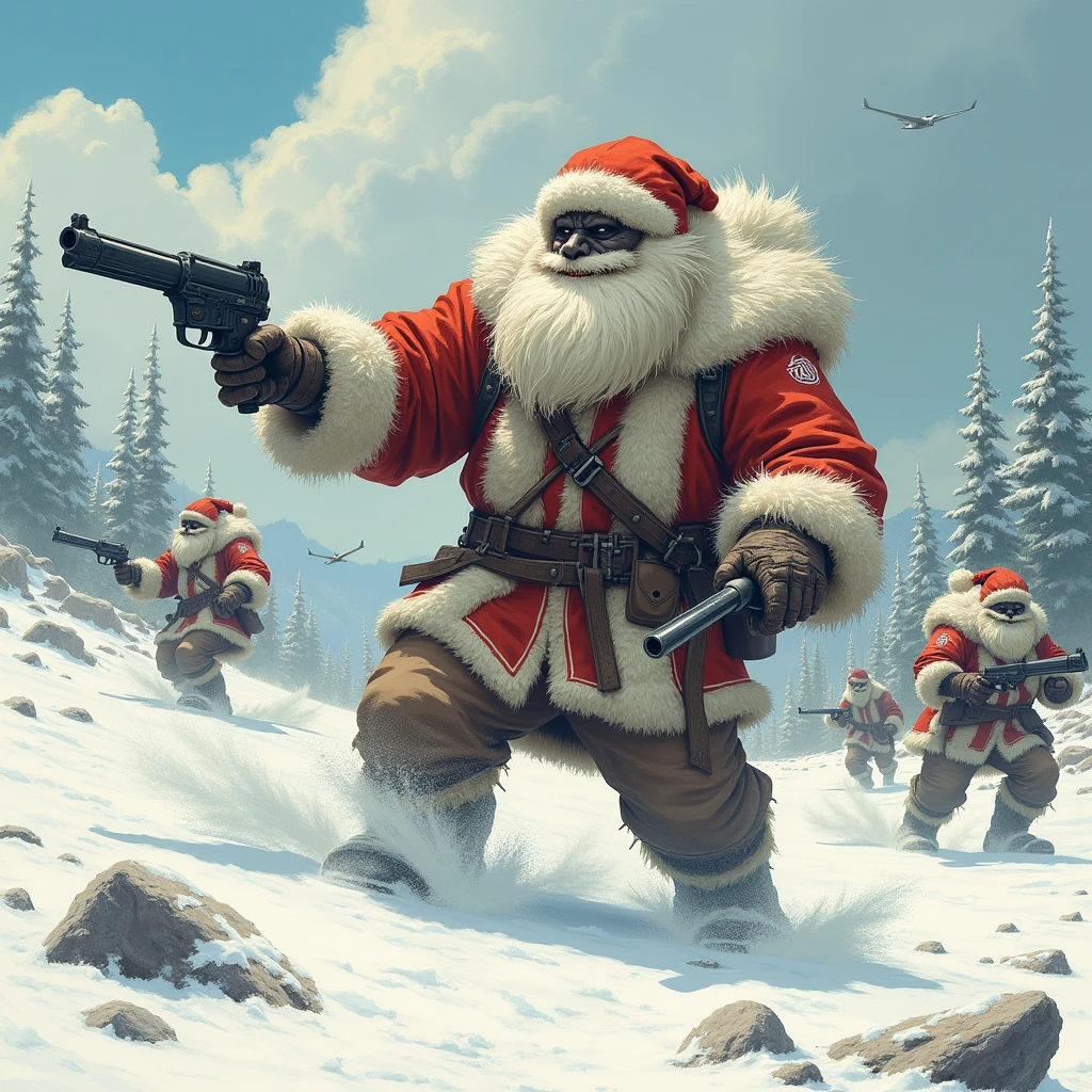Can you draw an illustration of a Yeti fighting in a battlefield??I like the feeling of fighting with a gun.!