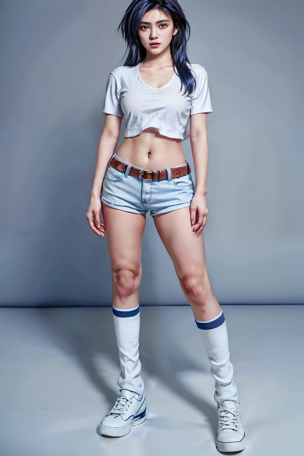 (RAW shooting, Photoreal:1.5, 8k, highest quality, masterpiece, ultra high resolution), perfect dynamic composition:1.2, Highly detailed skin and facial textures:1.2, 1girl:1, asian girl:1,Glamourous female, beautiful and aesthetic:1.2, sexy beauty, perfect style, belief, Strong-willed, revenge, Fair skin, very beautiful face, (large breast:1.4, Chest gap:1.4), (wearing a sexy casual fashion:1.2), (beautiful eyes, Eyes that feel beautiful eros:1.0), (Too erotic:0.9, Bewitching:0.9), (full body photo:2), (perfect limbs:1.2), (perfect fingers:1.2),(white shirt, red shorts:2, short sleeves:1.4, shoes,dark blue hair:1.4, long hair,knee high socks,belt:2, navel,Mio Serizawa:1.4),(simple background:1),(standing:2),