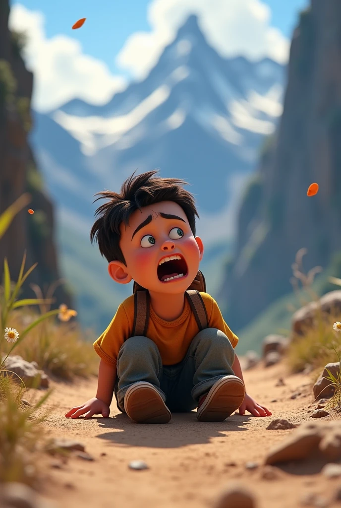 Need 3d animation style
Son Falls and Screams:Scene Description: The son has tripped and fallen, sitting on the ground with a pained expression. He is screaming, “AAAhhhhhhhhhhh!!!” The sound is visually represented as waves or lines emanating from his mouth.Visual Elements: Emphasize the fall with dynamic action lines and a look of pain on the son's face. The mountainous background should be included, showing the echo effect.