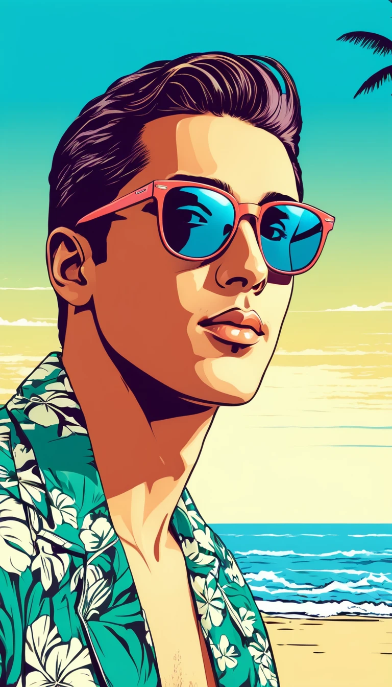 young male looking out to the ocean, retro sunglasses, Hawaii, gta vice style , illustration , reteo comic illustration