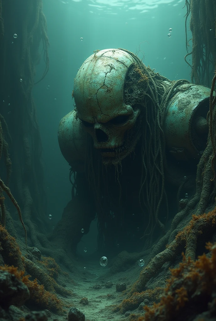 A terrifying deep-sea scene featuring a sunken, robot, android,. The android has a, twisted face with rusted metal, crack though it, and is covered in thick layers of algae and barnacles. Its large, partially buried in the ocean floor. Surrounding it are the rusted remains of old, decayed machinery and eerie, tangled seaweed. The murky water is filled with shadows, with faint rays of light barely penetrating the gloom. Small water bubbles rise ominously around the statue, while subtle water effects add to the eerie, suffocating atmosphere