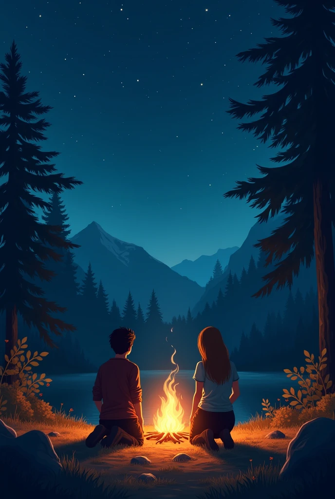 night landscape, camping, by a bonfire, a young man and a lady praying on their knees, their backs to the viewer