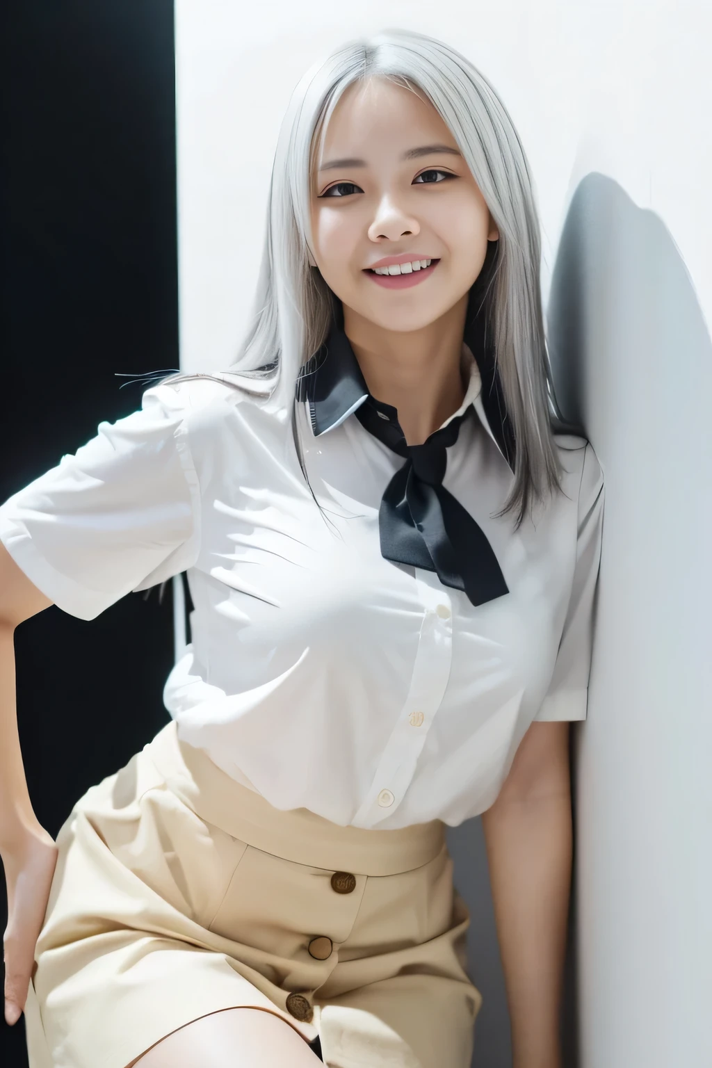 ((masterpiece, best quality)), (1girl), (solo), (female focus), (ahoge, white hair, very long hair), gold eyes, light smile, open mouth, ((white shirt), (buttoned shirt), (button gap)), ((black skirt), (short skirt)), standing, white background, arms behind back, dynamic angle,
