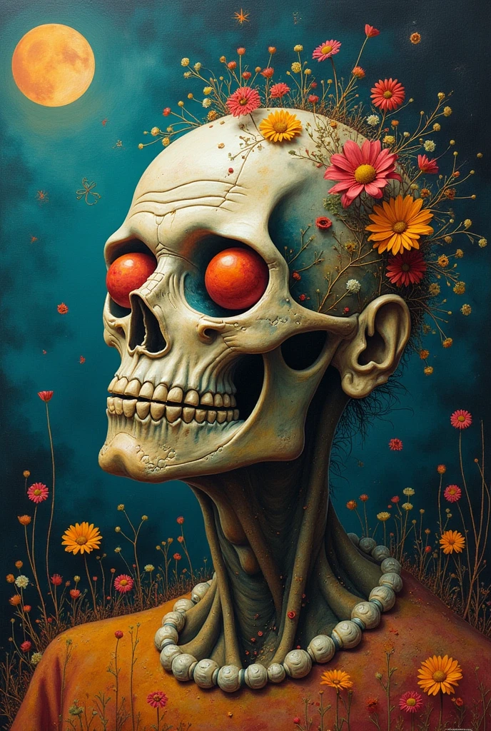 White bones，skelleton，The background is full of red chrysanthemums，Ultra HD 8K，The main colors are white and red