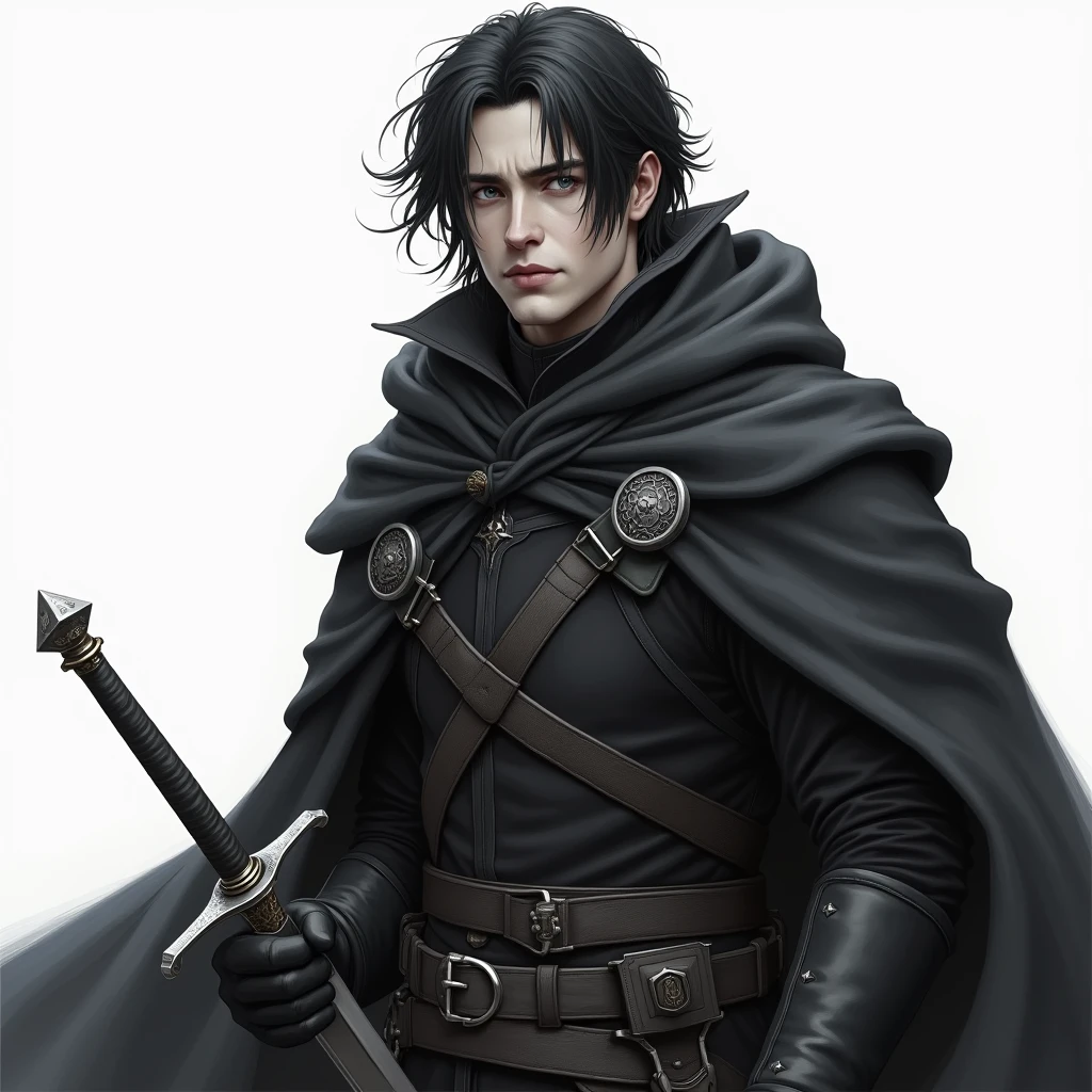 Draw a VERY REALISTIC fantasy style drawing of a handsome man , white-pale skin, straight black messy hair, grey eyes wearing black war clothes and a cloak holding a VERY REALISTIC sword