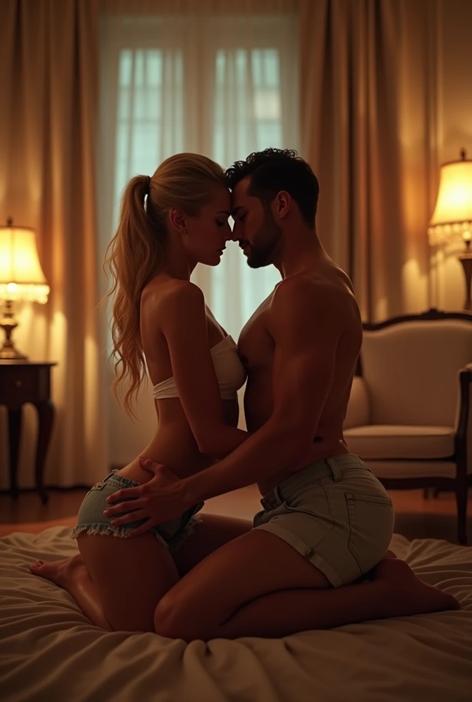 a beautiful blonde serbian supermodel, long bleached blonde hair in a ponytail hairstyle, wearing a mini skirt, , photorealistic, highly detailed, cinematic lighting, dramatic colors, 8k, best quality blowjob to her italian lover in hotel in Rome,she is on her hands and knees ,doggy pose